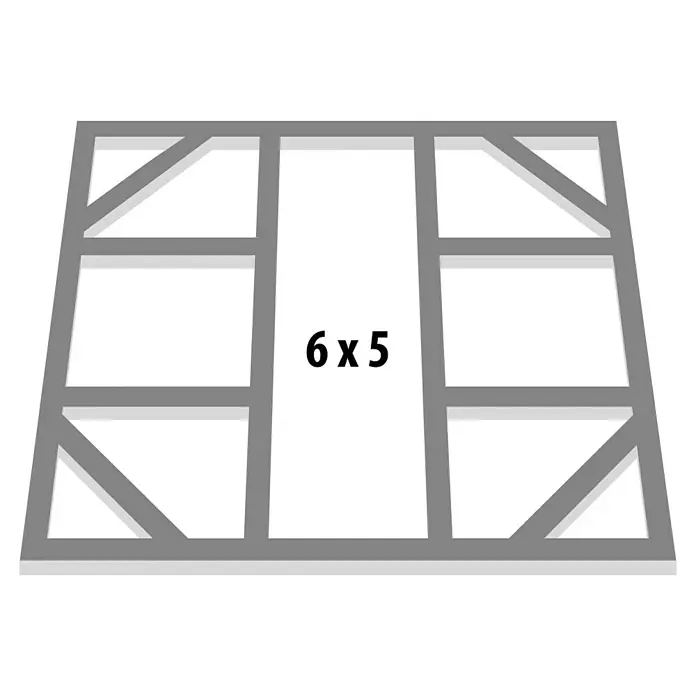 Globel Bodenrahmen - Passend für: Globel Gerätehaus Dream 65 - Illustration eines stabilen, grauen Holzrahmens mit zwei rechteckigen Bereichen und einem Türrahmen in der Mitte. Er bietet eine robuste Struktur.