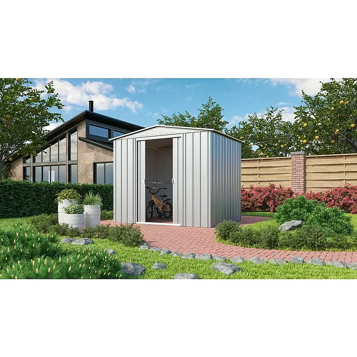 Gerätehaus Dream 86 - 245 cm, 185 cm, Stahl, Silber Metallic - Ein Metallgartenhaus mit offenem Schiebetür bietet Stauraum für ein Fahrrad im Garten.