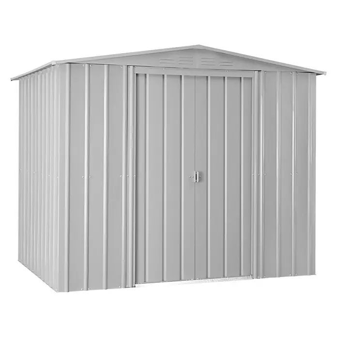 Gerätehaus Dream 86 - 245 cm, 185 cm, Stahl, Silber Metallic - Eine graue Metallgartenhütte mit Doppeltür. Sie ist robust und bietet viel Stauraum für Gartengeräte und Werkzeuge.