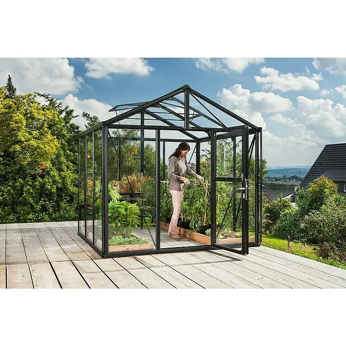 Vitavia Gewächshaus Zeus 6200 - Außenmaß inkl. Dachüberstand (B x T): 258,4 x 242 cm, 3 mm, Schwarz - Eine Frau arbeitet in einem schwarzen Gewächshaus mit Pflanzen. Das Gewächshaus steht auf einer Holzterrasse im Freien.