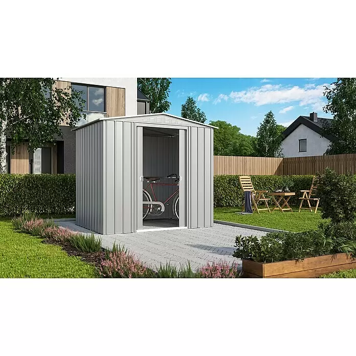 Globel Gerätehaus Tower 86 - 245 cm, 185 cm, Stahl, Silber Metallic - Stimmungsaufnahme