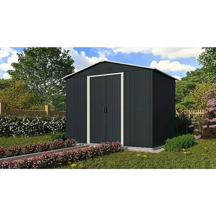 Pergart Gerätehaus Düsseldorf II - 236 cm, 174 cm, Stahl, Creme, Schiefergrau - Ein geräumiges, modernes Gerätehaus in Anthrazit mit Doppeltür, ideal für die Gartenaufbewahrung. Das Design passt perfekt in jeden Garten.