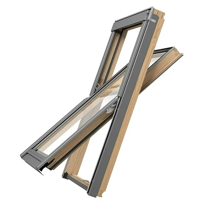 Solid Elements Dachfenster Basic - 66 x 118 cm - Dachfenster mit Holzrahmen und grauen Beschlägen, geöffnet dargestellt, für Dachausbau oder Modernisierung.