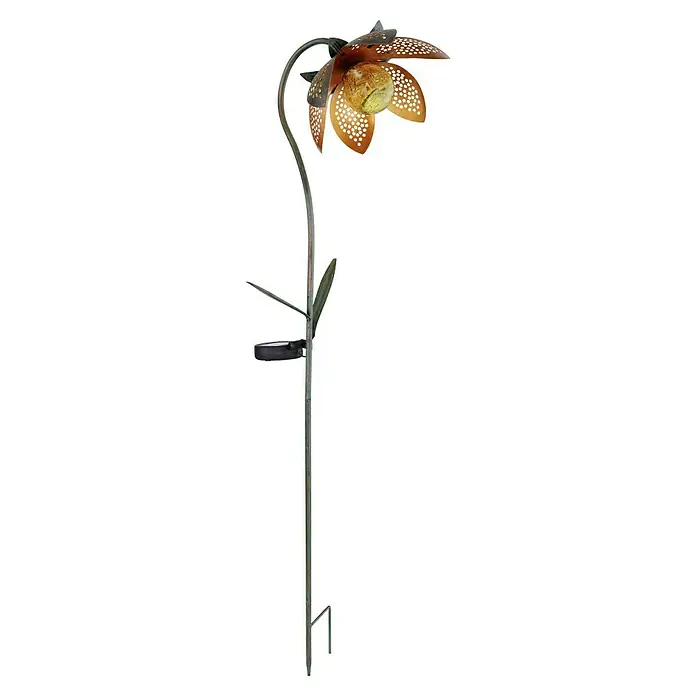 Globo Solar-Dekoleuchte - L x B x H: 25 x 15 x 90 cm, Grün, Gold, Amber, IP44 - Nahaufnahme einer Solarleuchte in Blumenform, die mit ihrem warmen Licht jeden Garten verzaubert und eine stimmungsvolle Atmosphäre schafft.