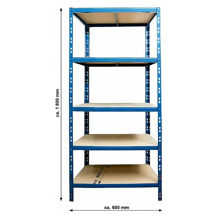 Regalux Schwerlastregal M - H x B x T: 180 x 60 x 50 cm, Traglast pro Boden: 290 kg, Anzahl Böden: 5 Stk., Stecken, Blau - Regal mit fünf Ablagen in Blau und Holzoptik, ca. 1800 mm hoch und 600 mm breit.\n