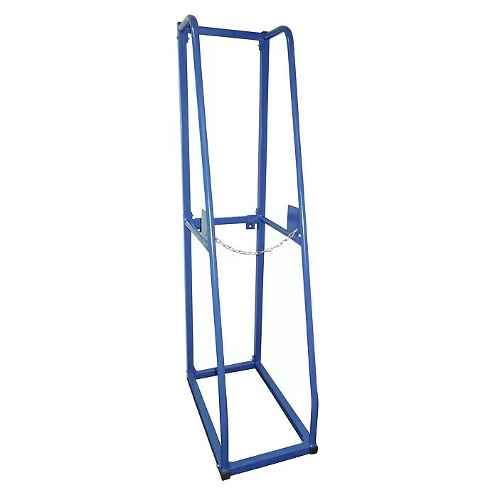 Estantería vertical - Al x An x Pr: 150 x 33 x 60 cm, Azul - Carro de metal azul para cilindros con cadena, diseñado para sujetar y transportar cilindros de gas de forma segura.