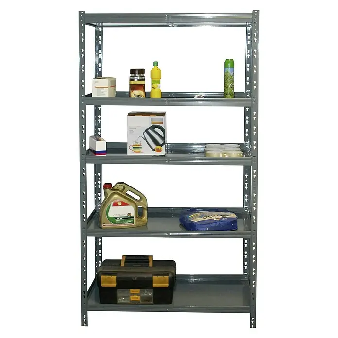 Schwerlastregal - H x B x T: 180 x 90 x 45 cm, Traglast pro Boden: 150 kg, Anzahl Böden: 5 Stk., Stecken, Grau - Graues Metallregal mit fünf Regalböden, gefüllt mit diversen Haushalts- und Autoprodukten für Lagerung und Organisation.