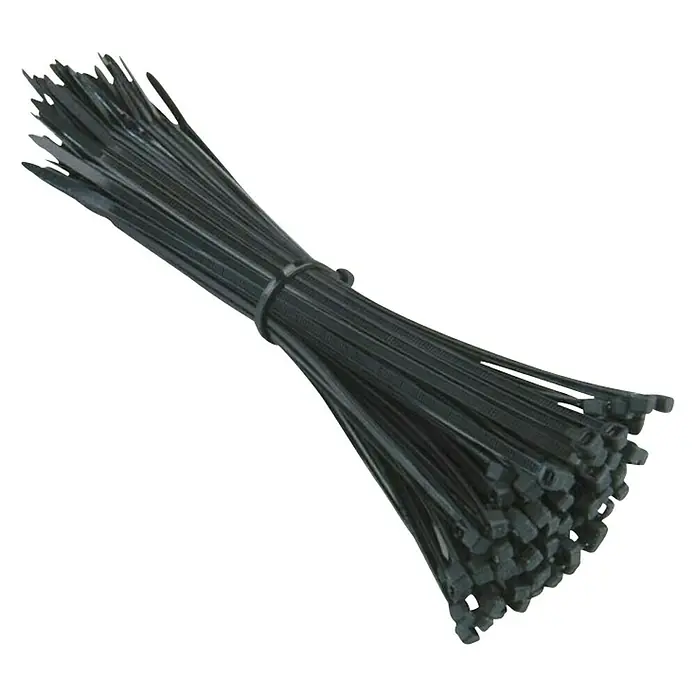 Voltomat Bridas para cables - An x L: 48 x 200 mm, Plástico, Negro - Primer plano de un paquete de bridas negras, sujetas con otra brida.