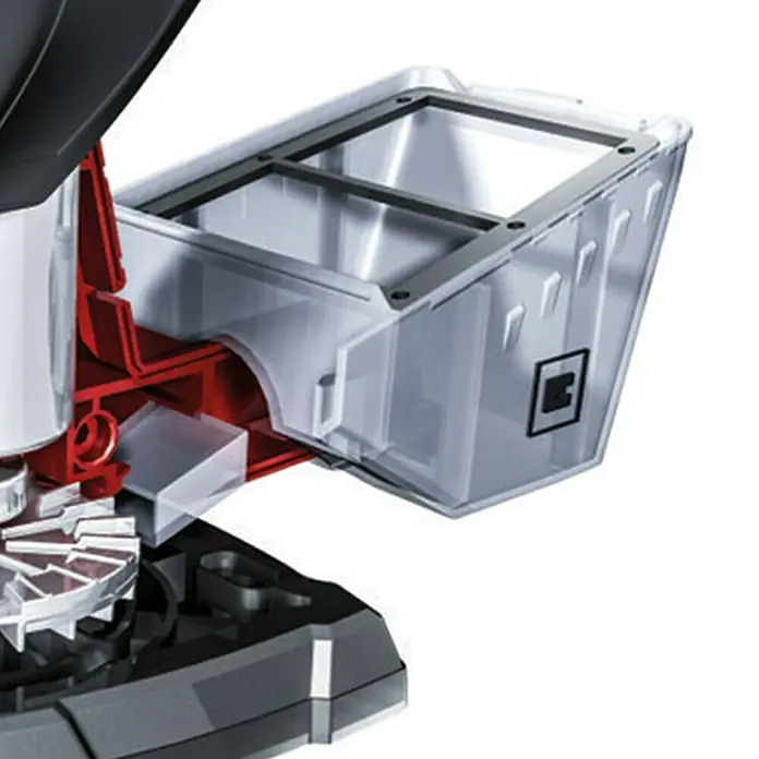 Einhell PXC 18V Multilijadora de batería TE-OS 18/150 Li - Solo - 18 V, Sin batería, Iones de litio, 24.000 r.p.m. - Primer plano de un recipiente de recogida transparente de una máquina con carcasa roja y negra. Ideal para publicidad y presentación de productos.
