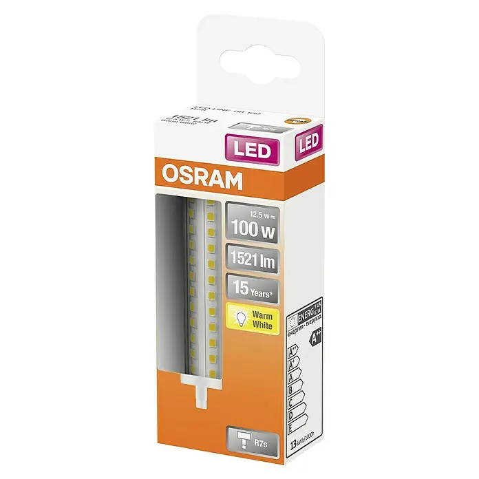 Osram Star Bombilla LED - R7s, No regulable, Blanco cálido, 1.521 lm, 12,5 W - Primer plano de una bombilla LED Osram en su embalaje, destacando su eficiencia energética y especificaciones técnicas.