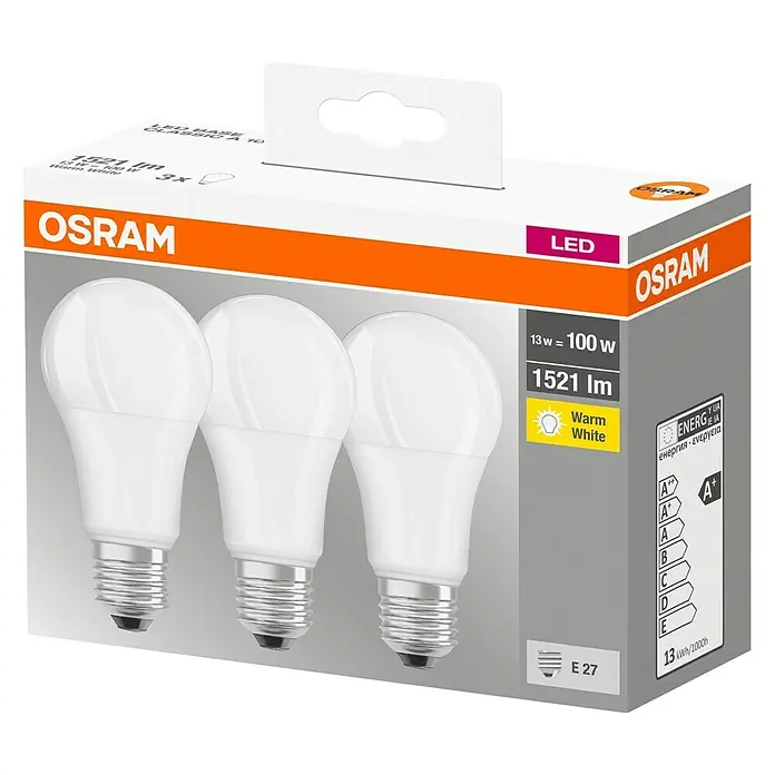 Osram Set de bombillas LED - E27, No regulable, Blanco cálido, 1.521 lm, 13 W, 3 ud. - Paquete de tres bombillas LED Osram con base E27, luz blanca cálida y eficiencia energética A+ para una iluminación de ahorro de energía.