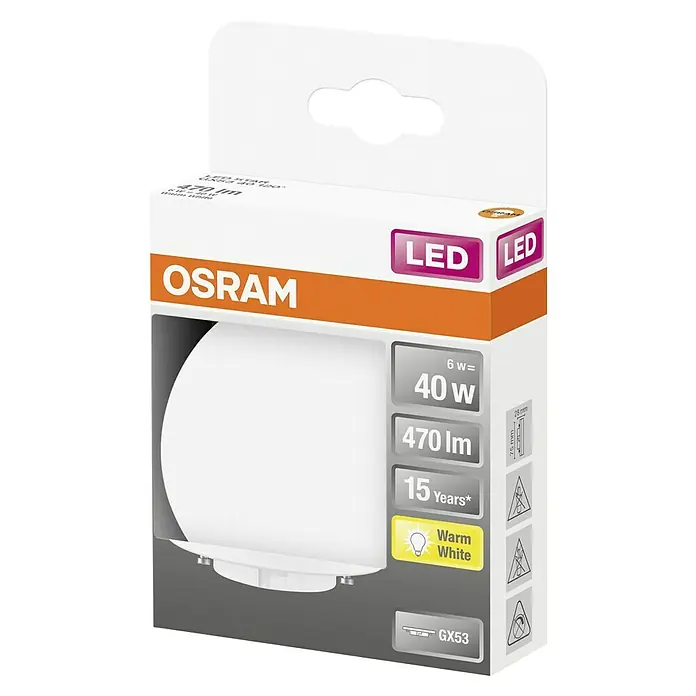 Osram Star LED-Lampe - GX53 , Nicht Dimmbar, Warmweiß, 470 lm, 4,9 W - Nahaufnahme einer OSRAM LED Lampe, 6W entspricht 40W, 470 Lumen, 15 Jahre Lebensdauer, warmweiß, GX53 Sockel.