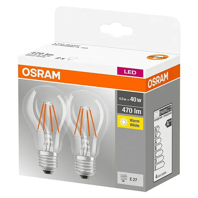 Osram Bombilla LED A 40 - E27, No regulable, Blanco cálido, 470 lm, 4 W - Paquete de dos bombillas de filamento LED Osram con base E27, 4W, luz blanca cálida y clase de eficiencia energética A++.