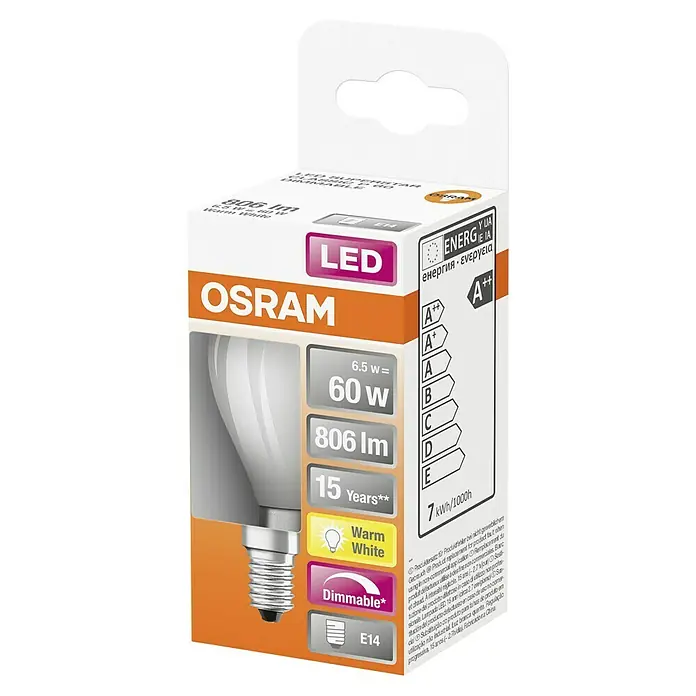 Osram Superstar Bombilla LED - E14, Intensidad regulable, Blanco cálido, 806 lm, 6,5 W - Imagen de una bombilla LED Superstar Classic P 60 de OSRAM regulable, con base E14, luz cálida y una duración de 15 años.