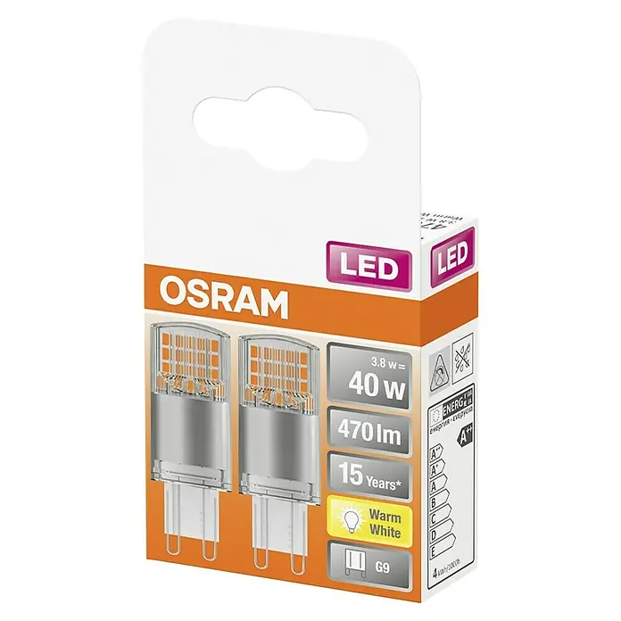 Osram Star Set de bombillas LED Pin G9 - G9, No regulable, Blanco cálido, 470 lm, 3,8 W, 2 ud. - Bombilla LED Osram G9, 40W, blanco cálido, 470 lúmenes, con una vida útil de 15 años. Clase de eficiencia energética A++.
