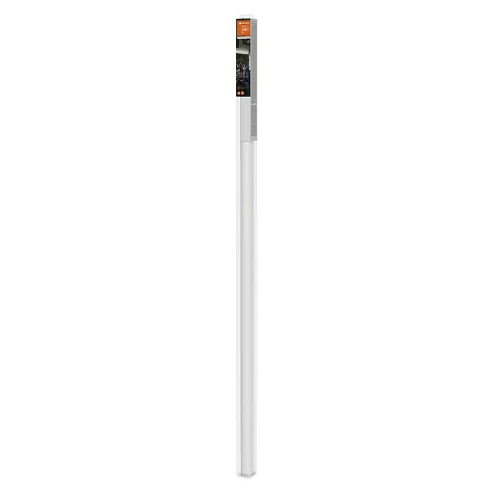 Ledvance LED-Lichtleiste Switch BattenL x B x H: 117,3 x 2,2 x 3 cm, Lichtfarbe: Neutralweiß, 14 W - Bild eines zylindrischen Objekts mit orangefarbenen und schwarzen Bildern oben. Das Objekt ist in einem Raum mit Personen und Grafiken platziert.