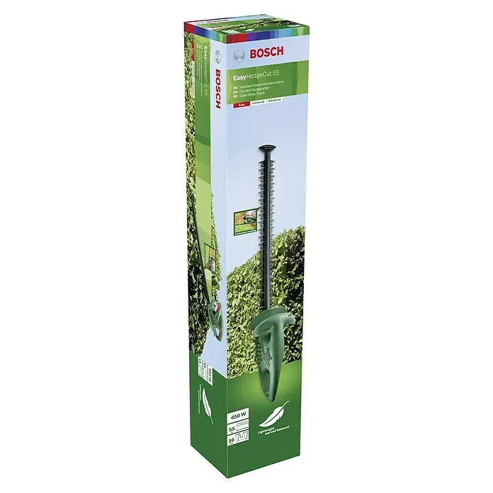 Bosch Elektro-Heckenschere EasyHedgeCut 55 - 450 W, Schnittlänge: 55 cm - Produktverpackung der Bosch EasyHedgeCut 55 Heckenschere.