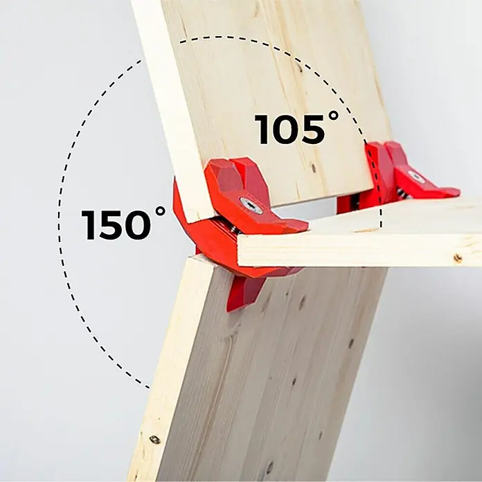 Playwood Sistema de unión - Ángulo: 105 °, Rojo tráfico, 4 ud. - Las abrazaderas angulares fijan dos tablas de madera a 105 y 150 grados. Las abrazaderas rojas sujetan las tablas de forma segura.