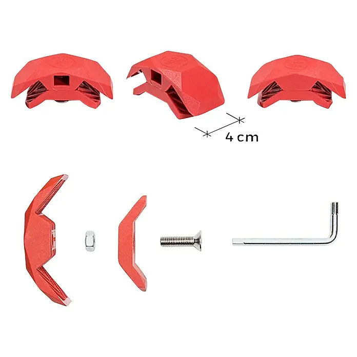Playwood Sistema de unión - Ángulo: 90 °, Rojo, 4 ud. - Imagen del producto de un juego de calas de bicicleta rojas con herramientas para la instalación.