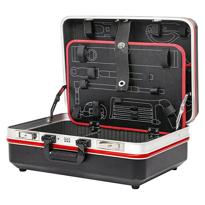 Wisent Maleta de transporte ABS TC-X - L x An x Al: 185 x 498 x 345 mm, No incluye herramientas - Caja de herramientas abierta con adornos rojos que exhibe una variedad de contornos de herramientas en una pizarra negra.