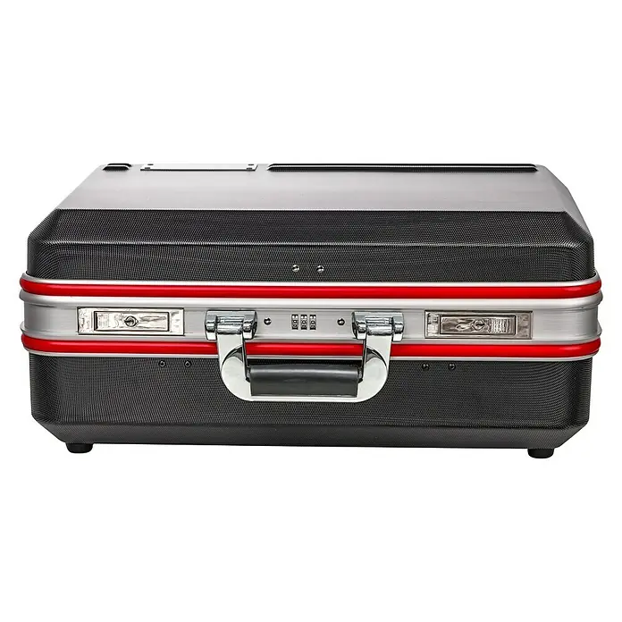 Wisent Maleta de transporte ABS TC-X - L x An x Al: 185 x 498 x 345 mm, No incluye herramientas - Primer plano de un elegante maletín negro con detalles plateados y ribetes rojos, perfecto para uso profesional. Con cierre de combinación seguro.