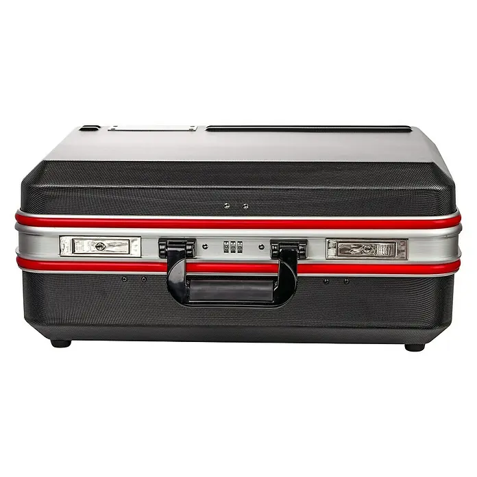Wisent Maleta de transporte ABS TC-X - L x An x Al: 185 x 498 x 345 mm, No incluye herramientas - Primer plano de un lujoso maletín negro con detalles plateados y rojos, que irradia seguridad y elegancia.