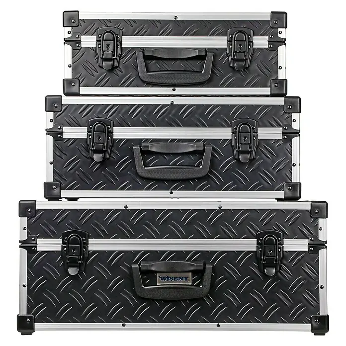 Wisent Werkzeugkoffer-Set TC Deluxe 3 in 1 - Geeignet für: Werkzeugaufbewahrung, Ohne Werkzeug, 3 Stk. - Stapel aus drei Werkzeugkoffern mit schwarzem Riffelblechmuster und silbernen Akzenten, ideal für die Aufbewahrung von Werkzeugen.