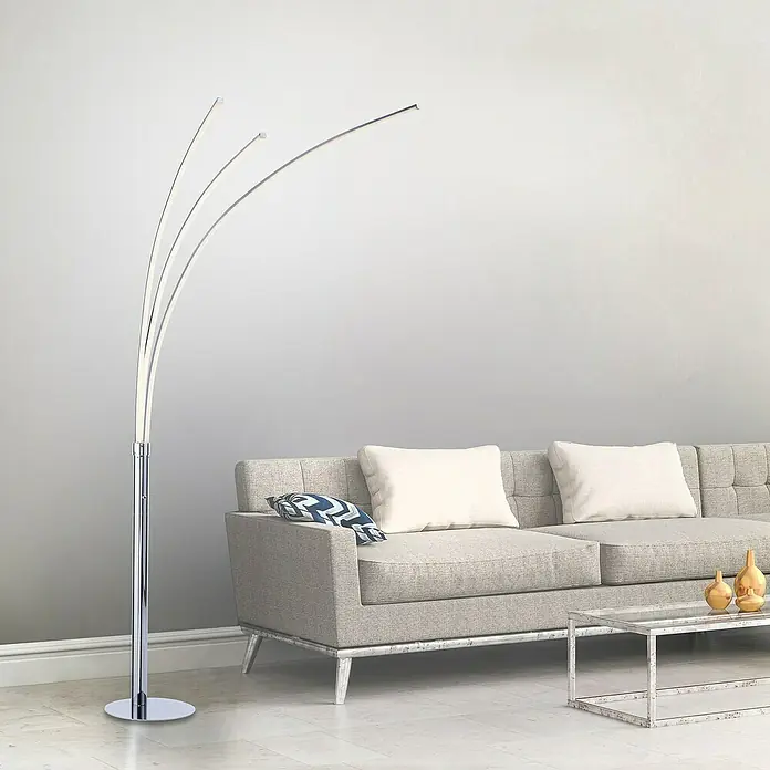Just Light Lámpara de pie LED Eva - 80 W, Altura: 215 cm, Cromo, Blanco cálido - Moderna lámpara de pie con tres brazos curvos y acabado cromado, perfecta para espacios de vida elegantes. Proporciona una iluminación agradable.