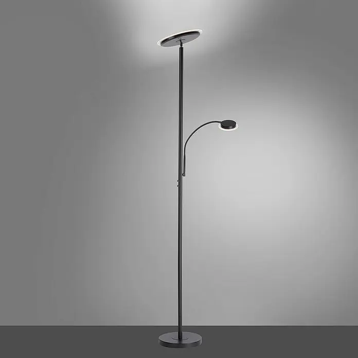 Paul Neuhaus Lámpara de pie LED Christine - 31,5 W, Altura: 193 cm, Negro, Blanco cálido - Elegante lámpara de pie con dos luces: una en la parte superior y una lámpara de lectura flexible, ambas con un diseño moderno.