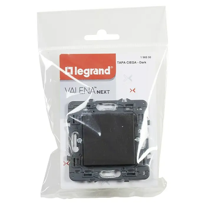 Legrand Valena Next Tapa para mecanismo - Negro, Metal, Montaje en la pared - Tapa ciega Legrand Valena Next en acabado oscuro dentro de un embalaje transparente con orificio para colgar.