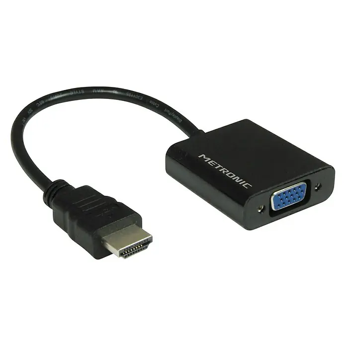 Metronic Cable HDMI y VGA - Largo: 15 cm, Apantallado - Imagen de un adaptador Metronic HDMI a VGA, con cable negro y conectores, para la conversión de señales digitales a analógicas.