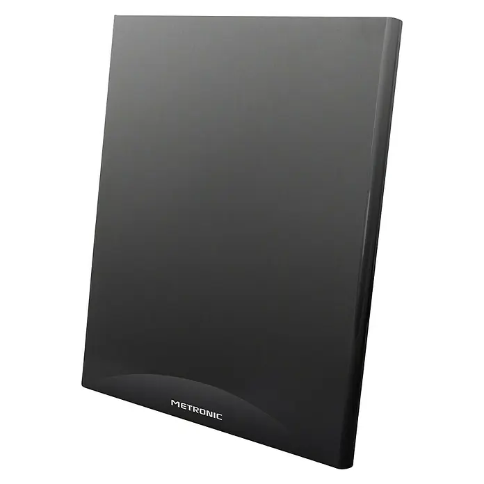 Metronic Antena extra plana - 2 x 21 x 24 cm, Negro - La imagen muestra una antena plana Metronic sobre un fondo negro. La antena es rectangular y elegante.