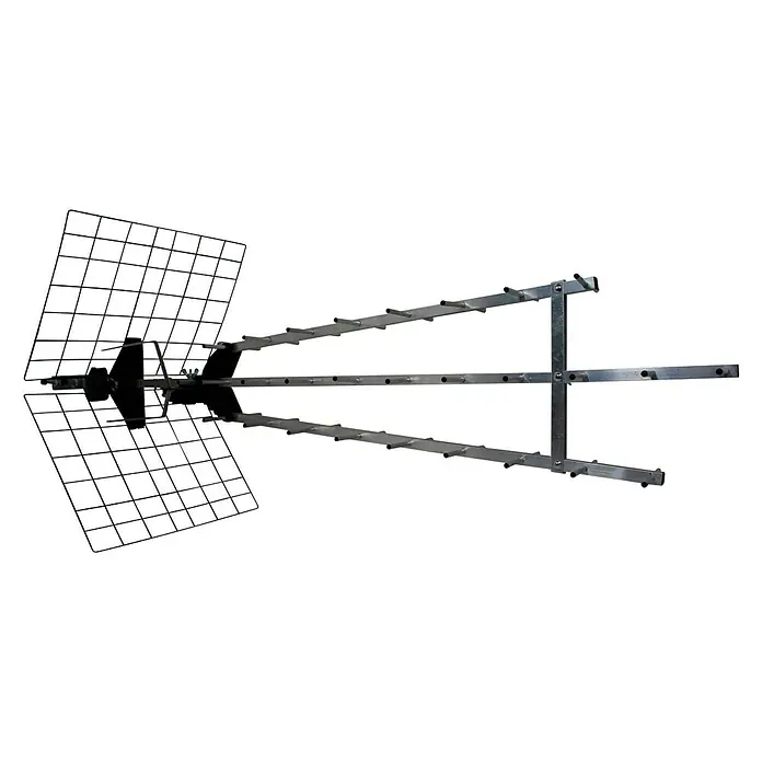 Metronic Antena UHF triple amplificada - 42 x 114 x 52 cm, Plateado - Una toma cercana de una antena Yagi-Uda plateada que presenta un reflector, dipolo y múltiples directores sobre un fondo negro.