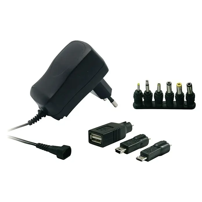 Metronic Transformador de corriente Universal 600MA - Negro - Adaptador de corriente universal con diversos adaptadores, incluyendo USB, Mini-USB y Micro-USB, para compatibilidad versátil.