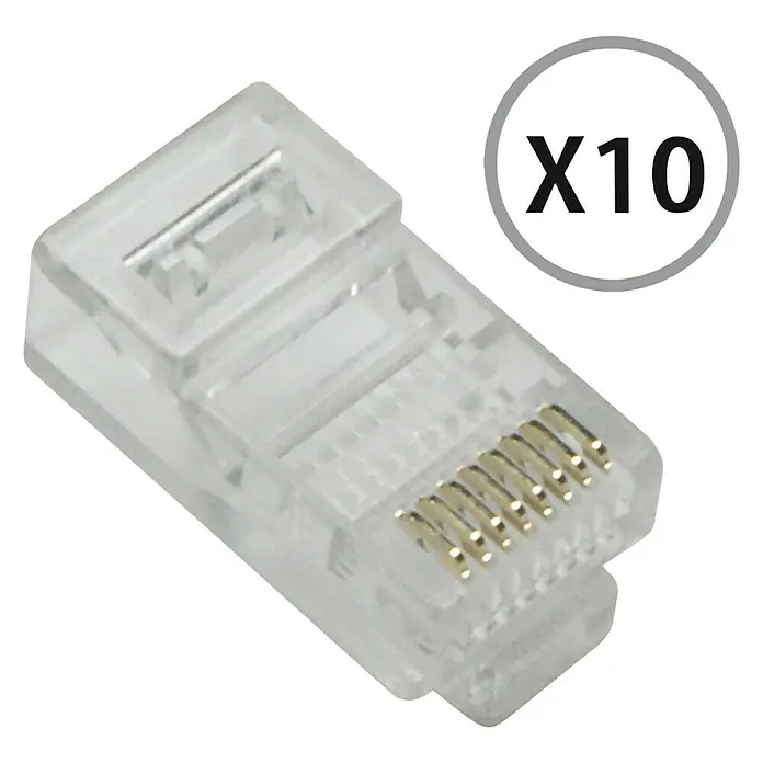 Metronic Toma de red RJ45 - Plástico, 10 ud. - Paquete de 10 conectores RJ45 transparentes para cables Ethernet. Ideales para crear conexiones de red fiables en casa o en la oficina.