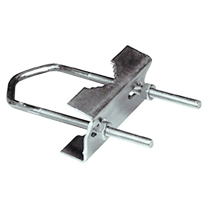 Metronic Soporte para antenas en bigas - L x An x Al: 4 x 145 x 12 cm, Metal - Imagen de una abrazadera de tubo en forma de U con placas de montaje y tornillos, un elemento de fijación utilizado para asegurar tubos o barras.