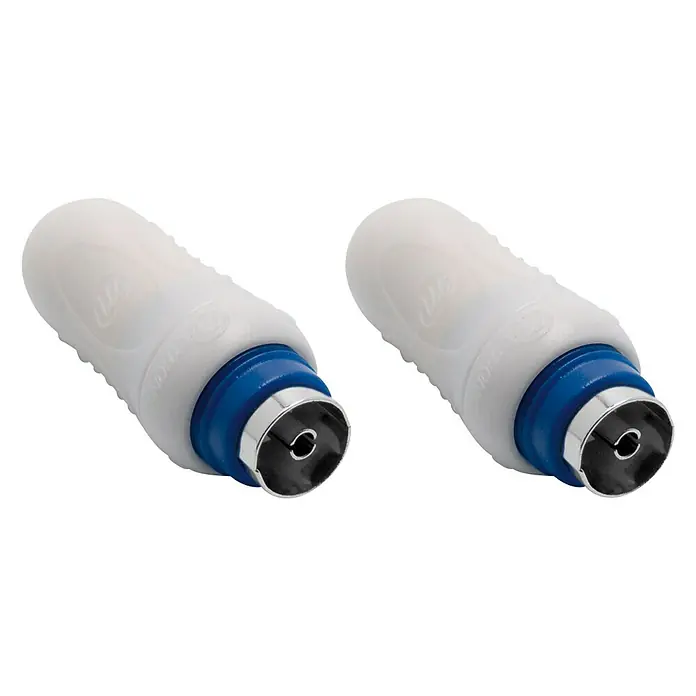 Metronic Conector de red TV blindados - 2 x hembra coaxial, Blanco, 2 ud. - Dos conectores de antena de TV con cuerpo blanco y anillo azul. Permiten una fácil conexión de cables de antena a televisores.