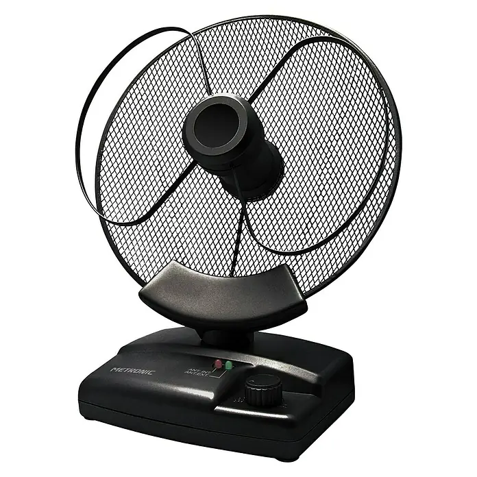 Metronic Antena prima - Negro - Primer plano de una antena Metronic, un dispositivo receptor de señales de TV y radio, sobre un fondo negro.