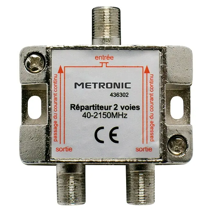 Metronic Distribuidor F 1 In 2 Out - x 2, Tipo de conexión: Conector F, Frecuencia: 40 - 2.150 MHz - Distribuidor de cable coaxial METRONIC, un repartidor de 2 vías para frecuencias de 40-2150MHz.