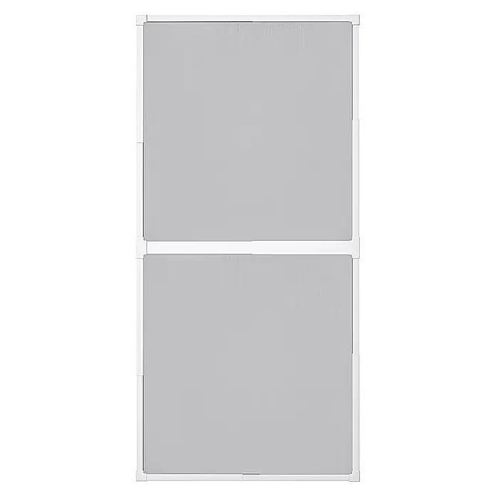 Tesa Insect Stop Puerta con protección contra insectos Falt - Blanco, Montaje de la mosquitera: Pinzas - Primer plano de una estantería gris de dos partes con marco blanco, ideal para organizar y guardar objetos.
