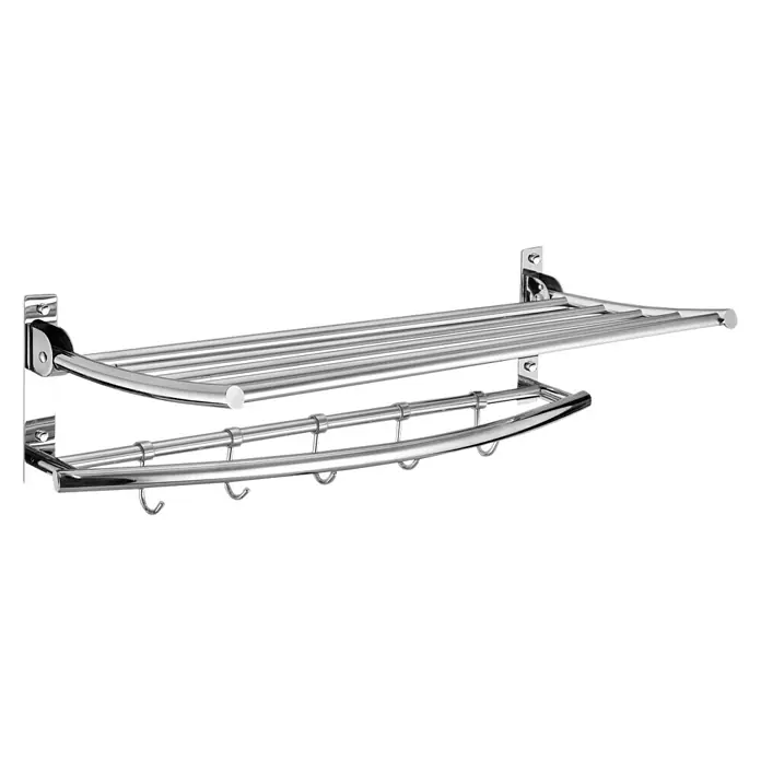 CM Baños Estante para baño plegable - L x An x Al: 24 x 60 x 18 cm, Acero inoxidable, Cromo - Un moderno toallero de metal cromado con estante y ganchos para elementos esenciales del baño. Práctico y elegante.
