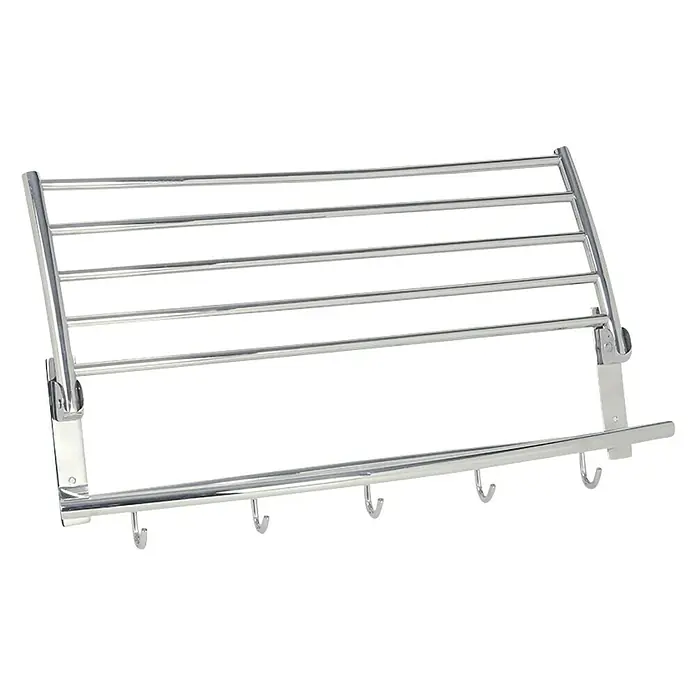 CM Baños Estante para baño plegable - L x An x Al: 24 x 60 x 18 cm, Acero inoxidable, Cromo - Toallero de acero inoxidable con múltiples barras y ganchos para accesorios de baño. Una solución de almacenamiento práctica.