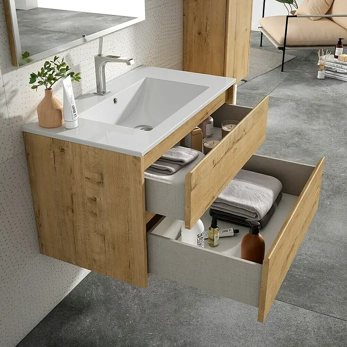 Mueble bajo de lavabo Iris 2C - L x An x Al: 45 x 80 x 50 cm, Nogal - Un tocador de baño con un acabado de madera clara con dos cajones abiertos, que ofrece almacenamiento y una estética moderna.