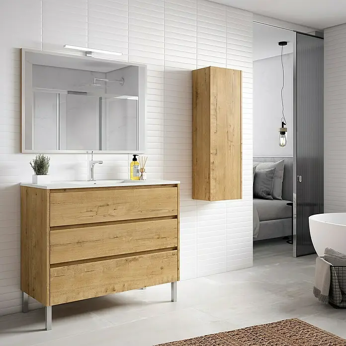 Mueble bajo de lavabo Iris - L x An x Al: 45 x 80 x 85 cm, Nogal - Mueble de baño con espejo y armario de madera colgante para un baño moderno.