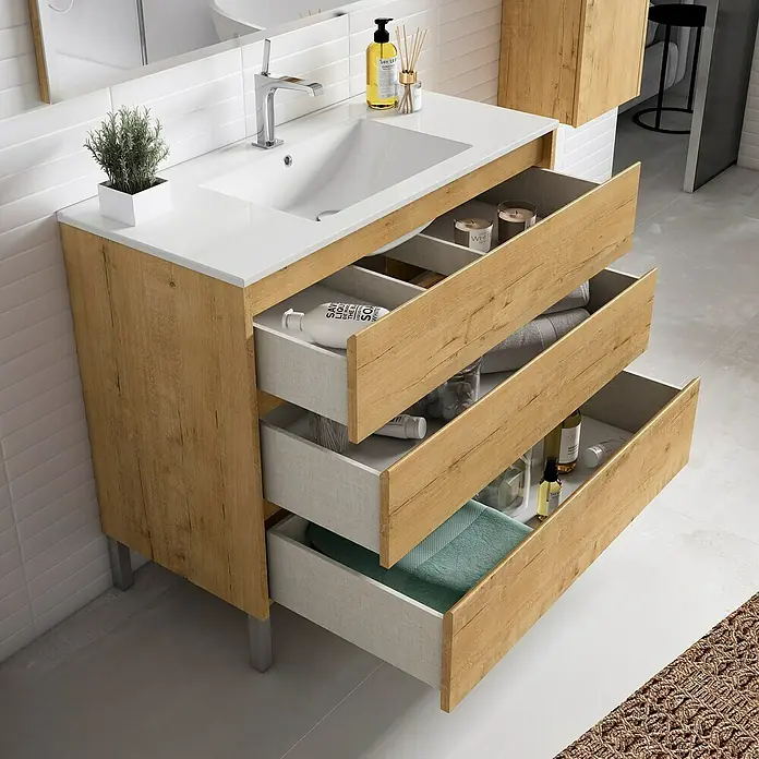 Mueble bajo de lavabo Iris - L x An x Al: 45 x 100 x 85 cm, Nogal - Un mueble de baño con tres cajones abiertos ofrece mucho espacio de almacenamiento para artículos de baño y toallas.