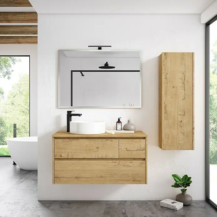 Armario colgante de baño de baño Iris/Emma/Rose - L x An x Al: 25 x 35 x 110 cm, Nogal, Específico para: Muebles Irirs / Emma / Rose - Elegante interior de baño con mueble de lavabo con aspecto de madera, un lavabo sobre encimera y un armario con espejo a juego.