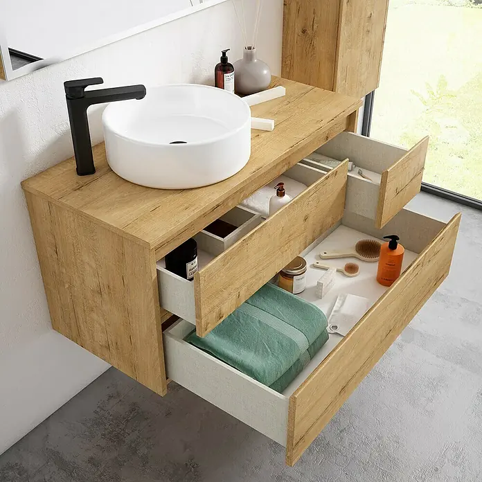 Mueble bajo de lavabo Emma - L x An x Al: 45 x 120 x 50 cm, Nogal - Un moderno mueble de baño con un lavabo redondo encastrado y cajones abiertos que muestran elementos esenciales de baño.