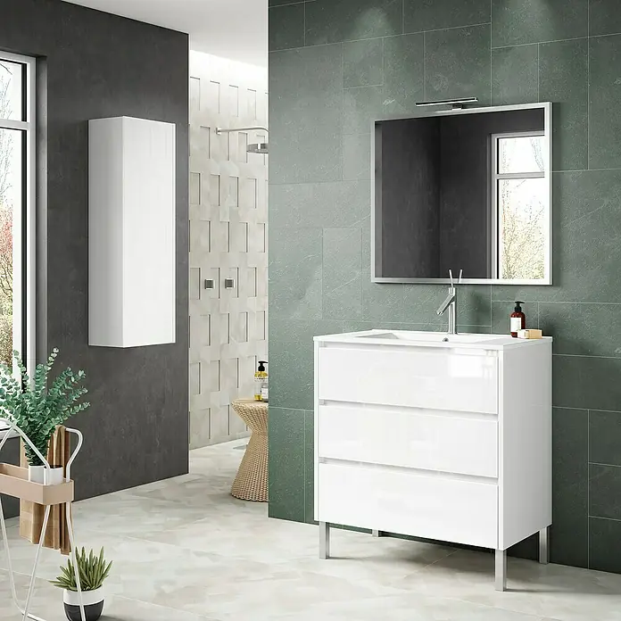 Mueble bajo de lavabo Iris - L x An x Al: 45 x 100 x 85 cm, Blanco - Un baño moderno con un tocador blanco con cajones y un espejo a juego.