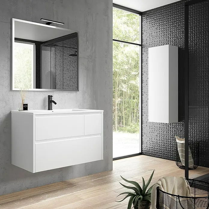 Mueble bajo de lavabo Emma derecha - L x An x Al: 45 x 120 x 50 cm, Blanco Brillo - Elegante baño con mueble de lavabo blanco, espejo grande y armario colgante con estilo sobre una pared de mosaico oscuro.