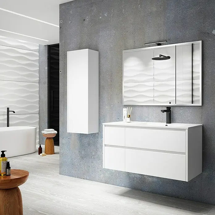 Armario colgante de baño Universal - L x An x Al: 25 x 25 x 110 cm, Blanco - Un baño moderno con un tocador blanco con cajones y un armario con espejo a juego contra una pared gris.